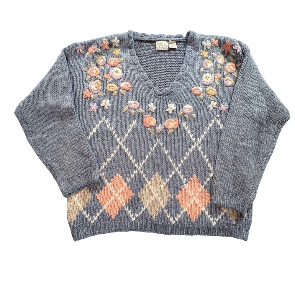 Needles‎ & Yarn Floral Embroidered Sweater Womens Medium Blue Argyle Ramie Knit